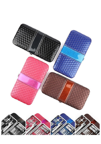 Hard nail tool set cases in black, blue, pink, and brown