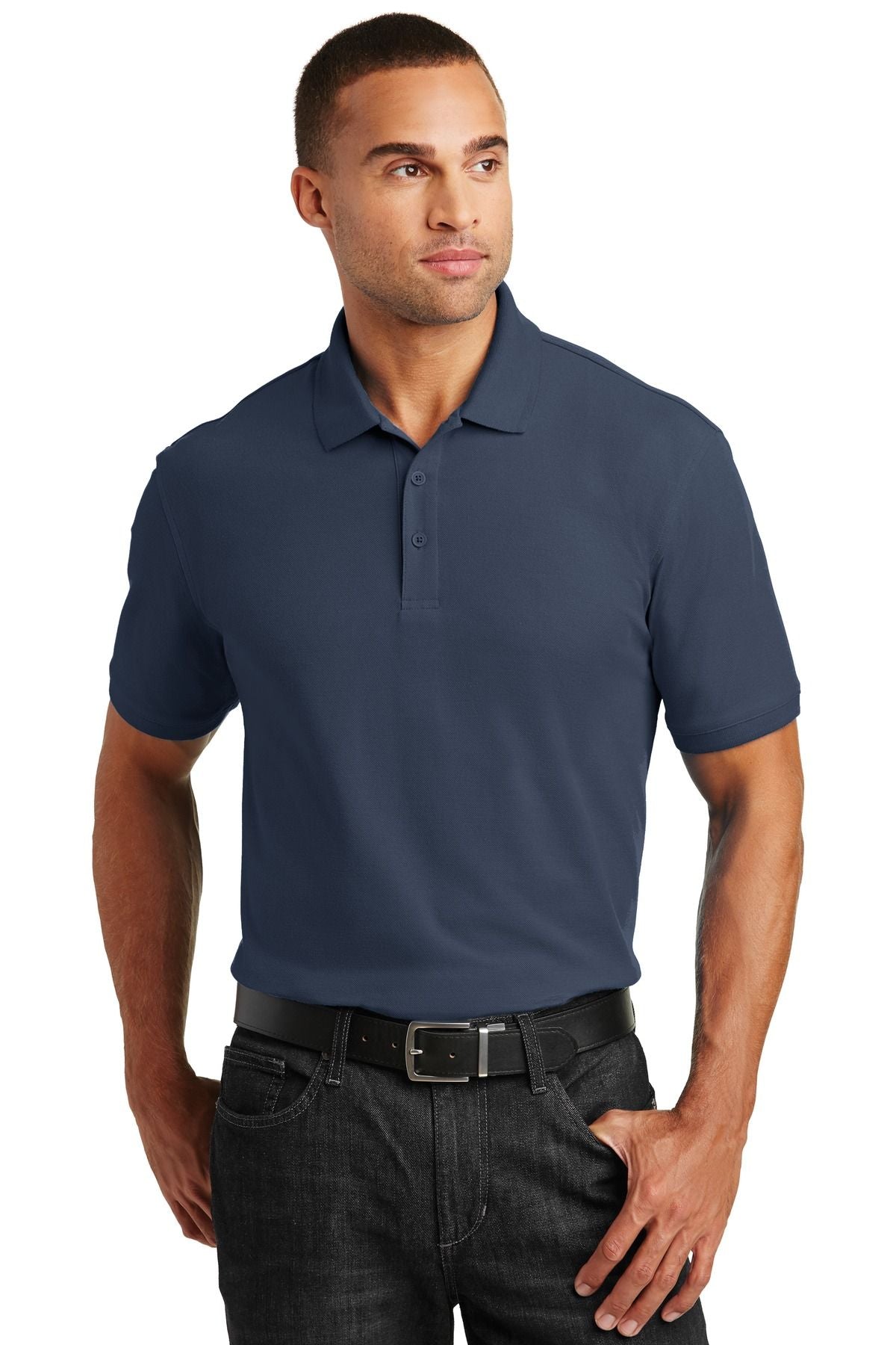 Men's pique polo shirt in navy blue, short sleeves and button placket