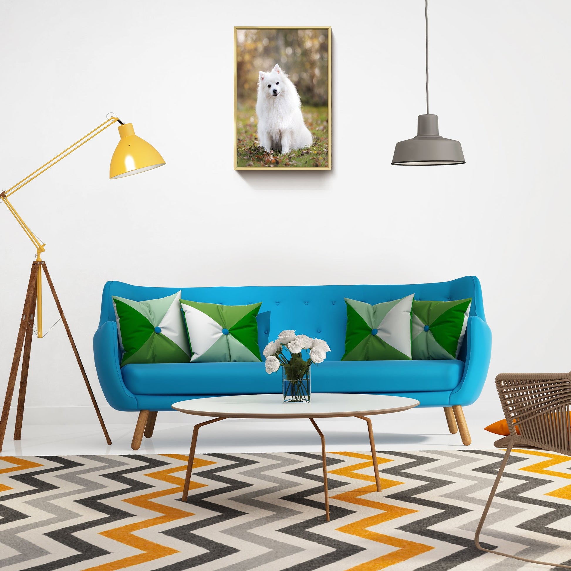 Gold-framed canvas wall art featuring a white dog photo.