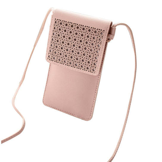 Mini transparent phone and card holder crossbody bag in light pink with perforated front panel