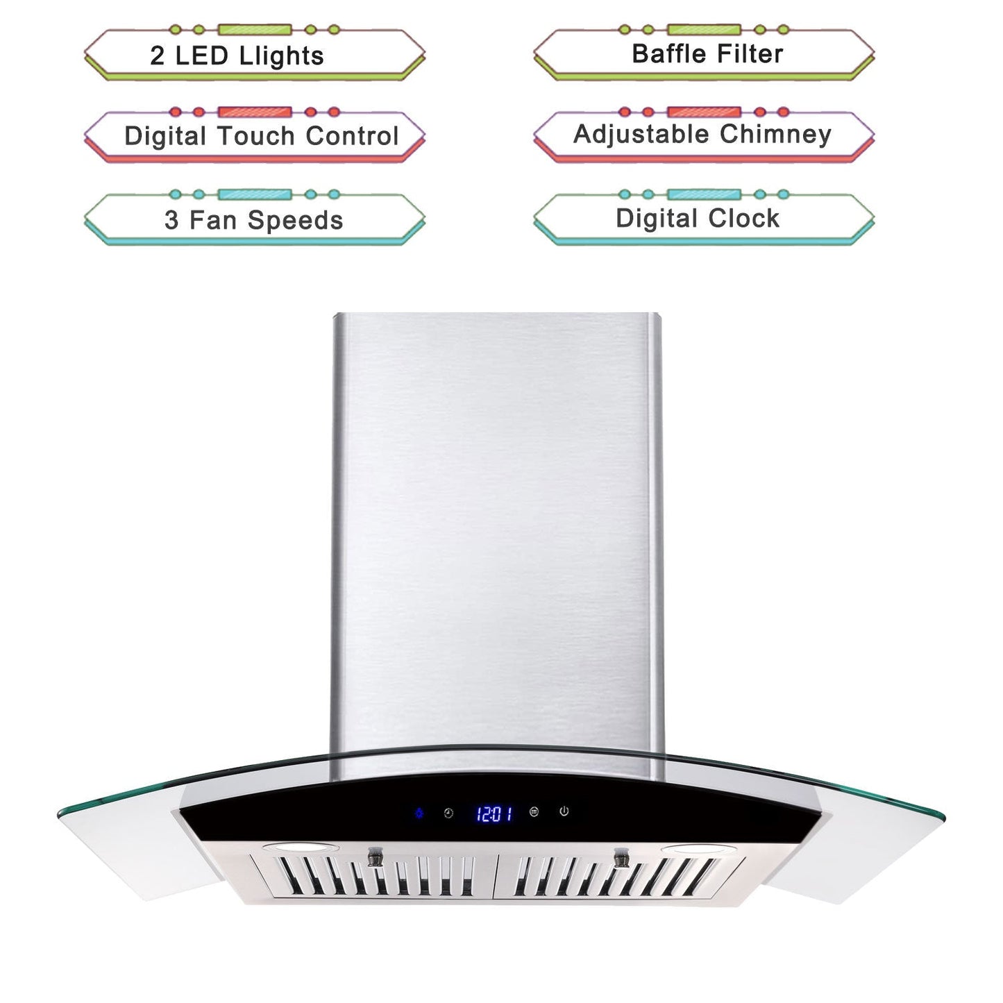 30-inch wall mounted range hood with touch control panel, LED lights, and adjustable chimney