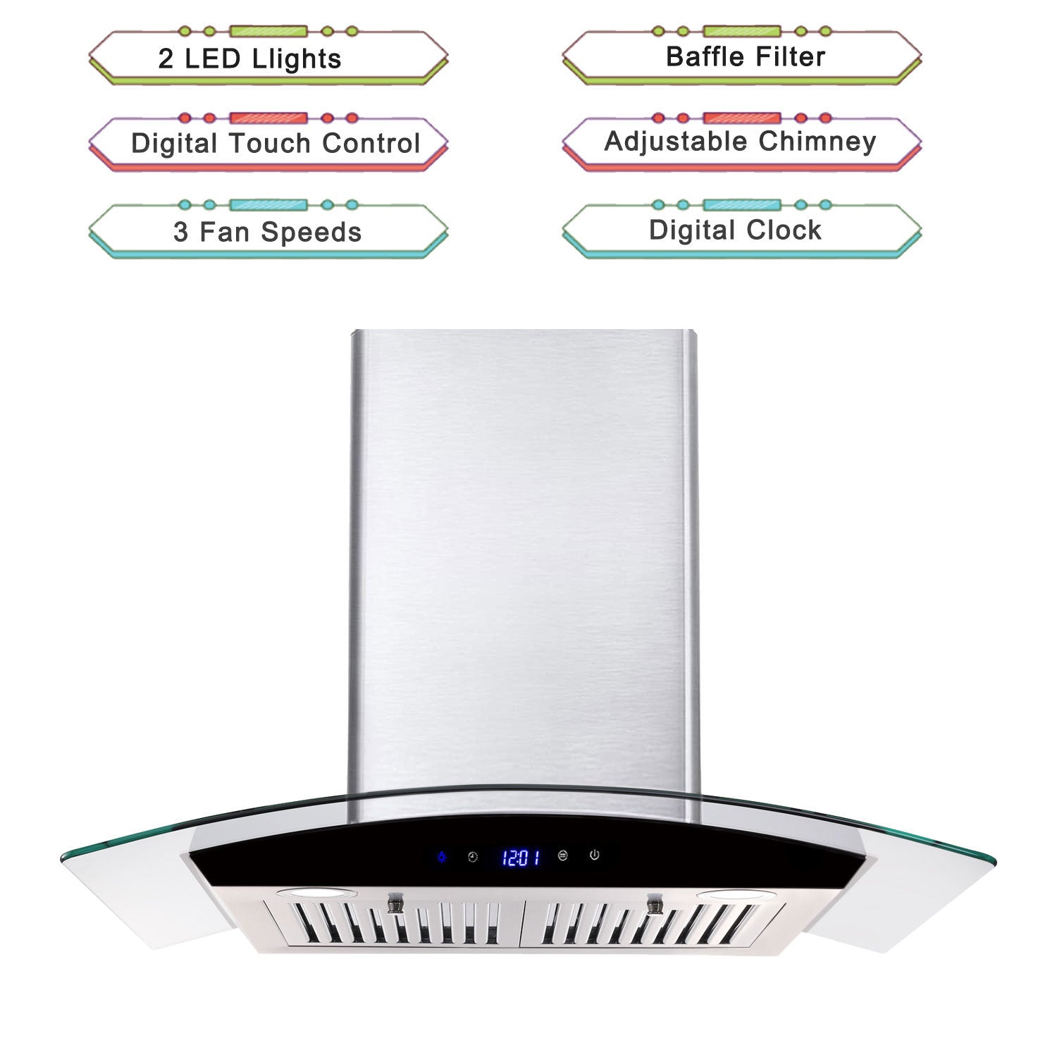 30-inch wall mounted range hood with touch control panel, LED lights, and adjustable chimney