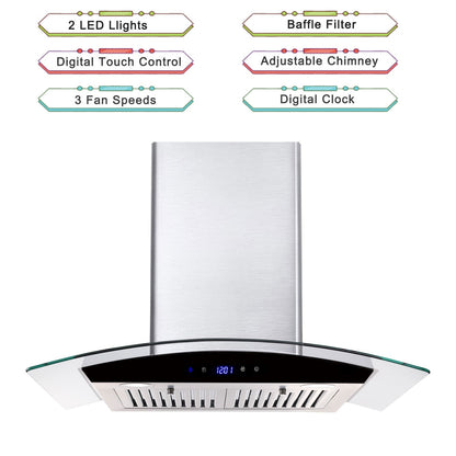 30-inch wall mounted range hood with touch control panel, LED lights, and adjustable chimney
