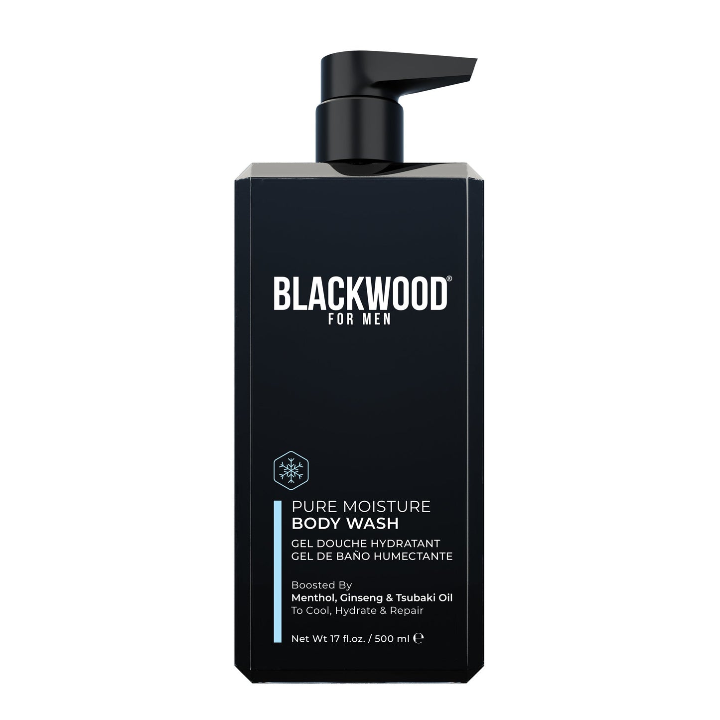 Moisturizing body wash bottle with black pump, BLACKWOOD FOR MEN label, 17 fl oz