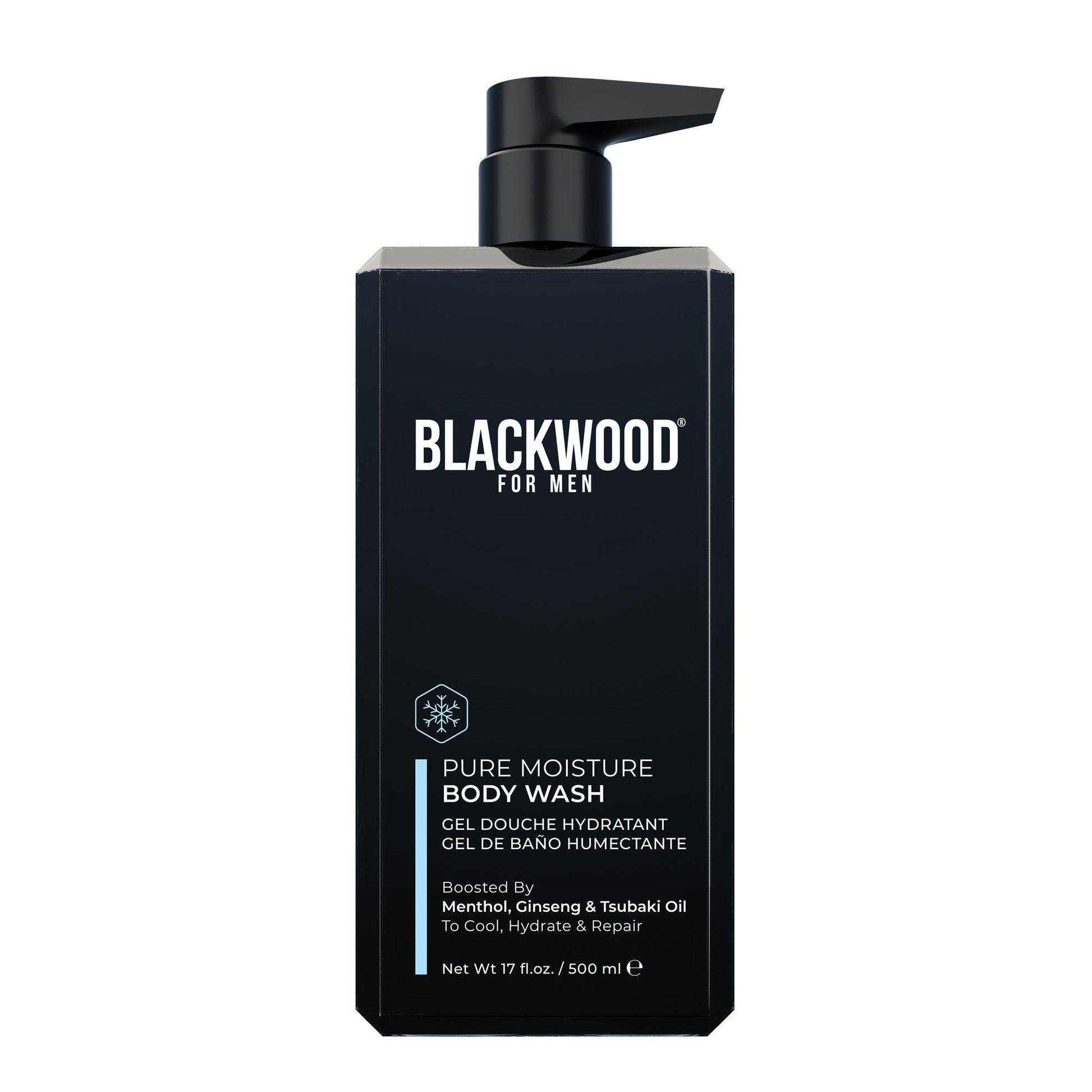 Moisturizing body wash bottle with black pump, BLACKWOOD FOR MEN label, 17 fl oz