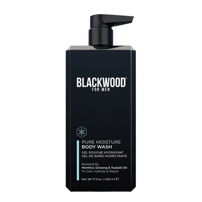 Moisturizing body wash bottle with black pump, BLACKWOOD FOR MEN label, 17 fl oz