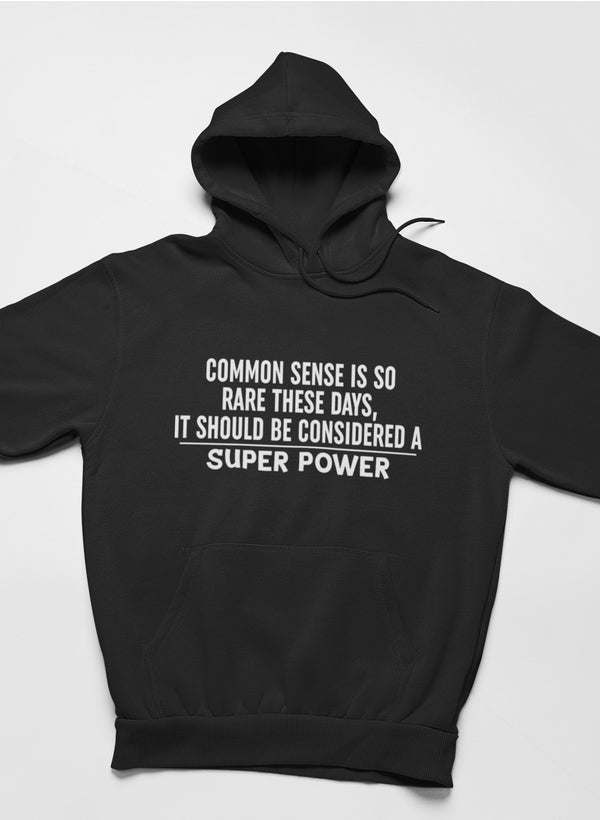 Black hoodie sweatshirt with hood, kangaroo pocket, and centered chest graphic text