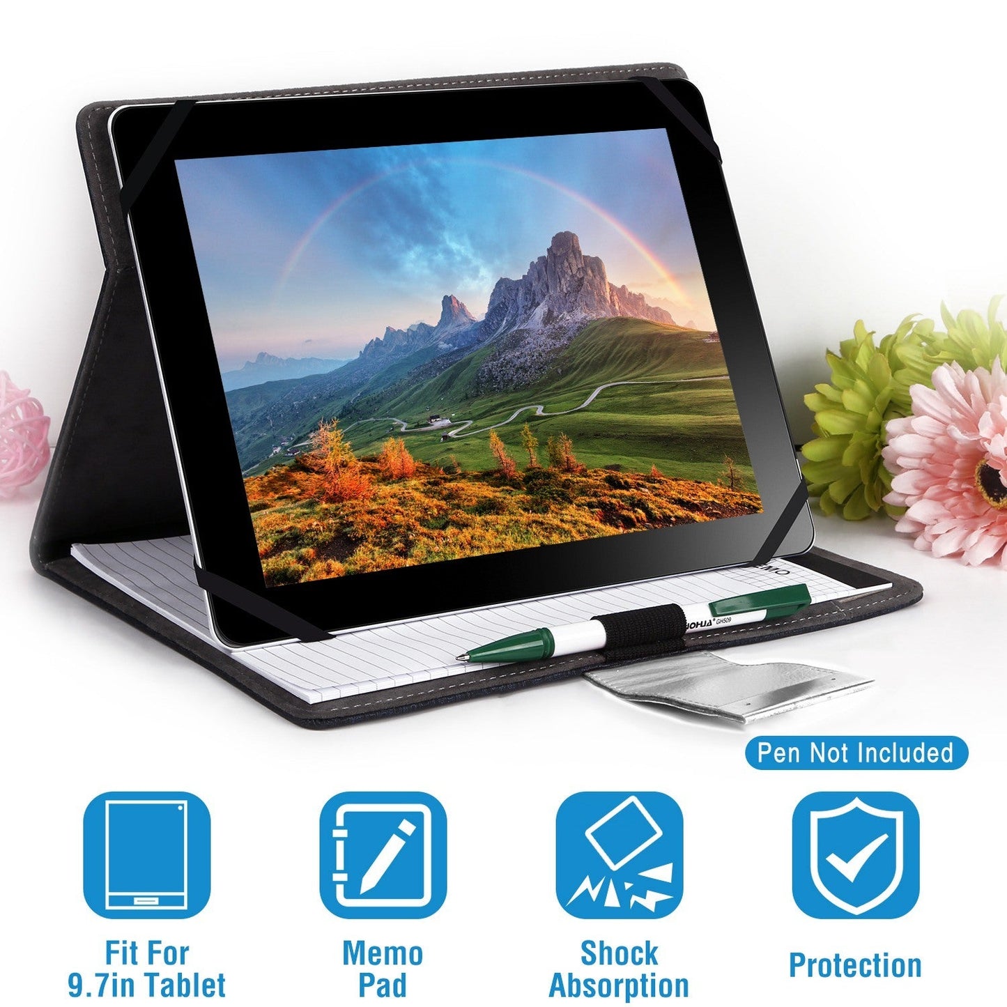 Navy 9.7-inch tablet protector organizer case with memo pad and pen holder.
