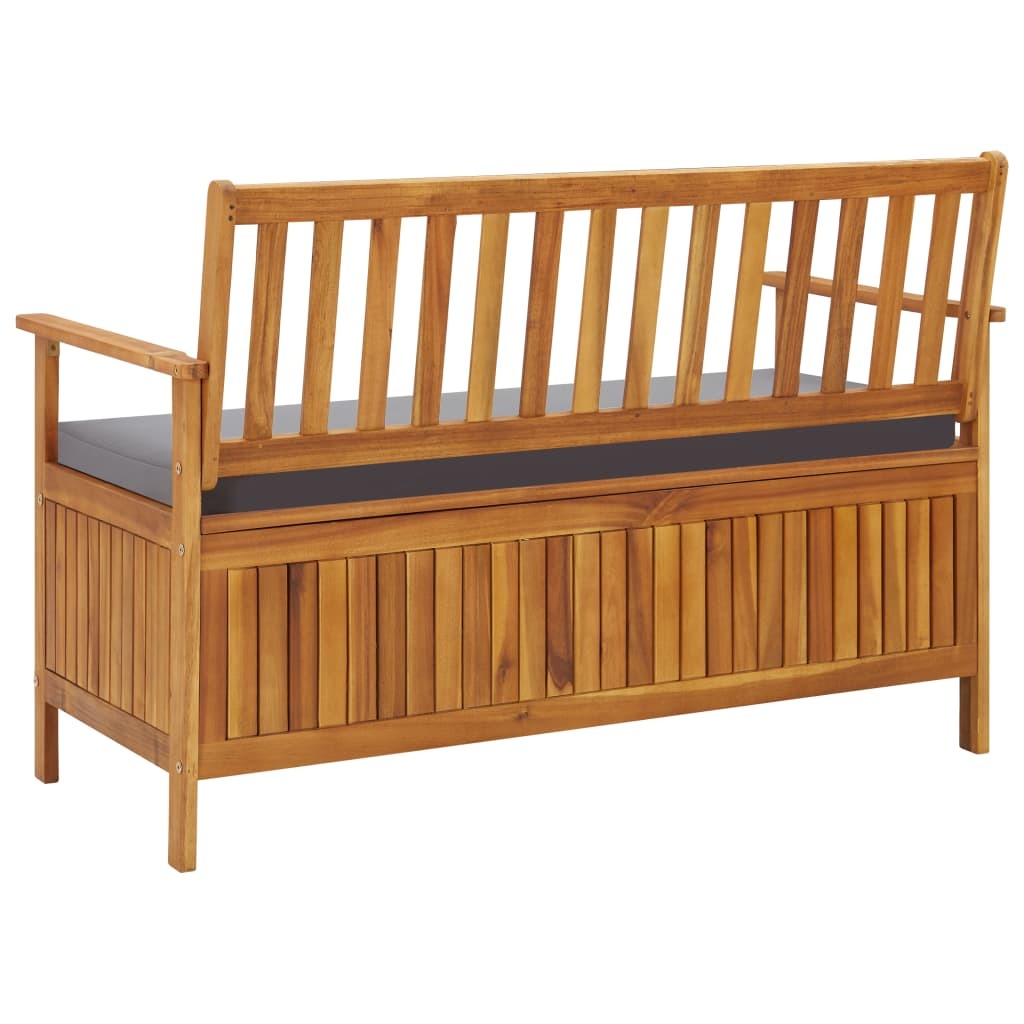 Garden storage bench with gray cushion and front storage with lift-up slatted lid