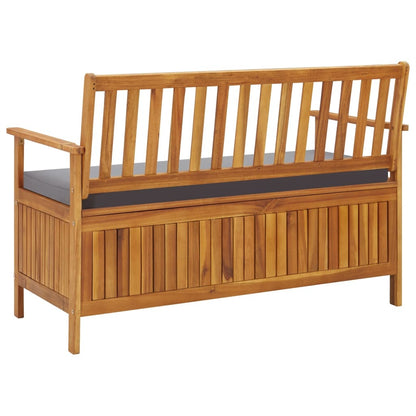 Garden storage bench with gray cushion and front storage with lift-up slatted lid