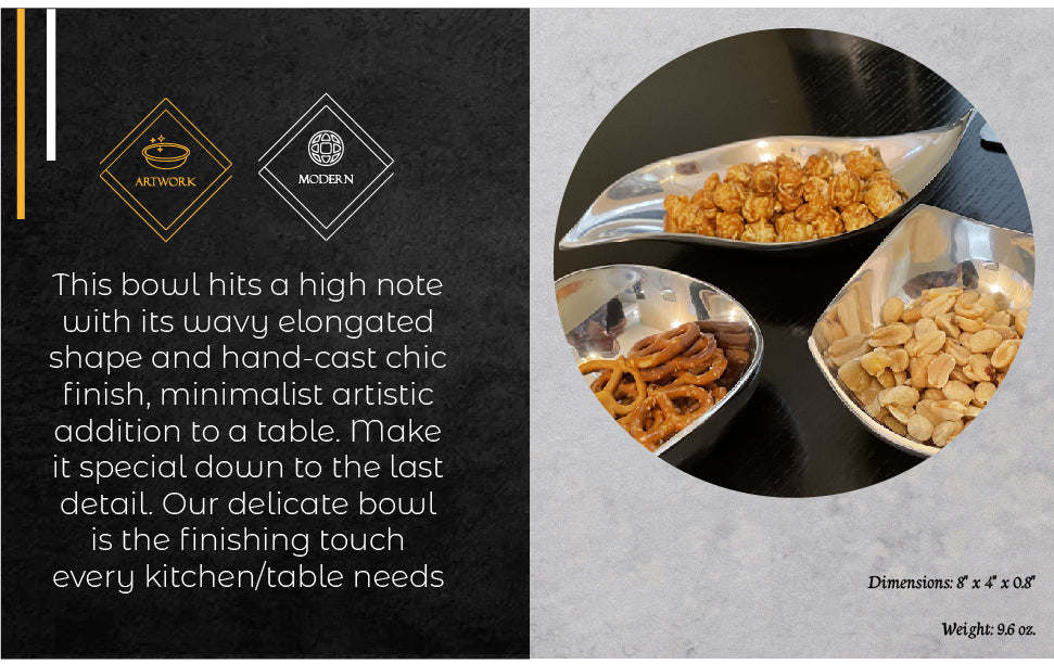 Wavy snack nut bowl set, reflective silver aluminum dish for dipping snacks