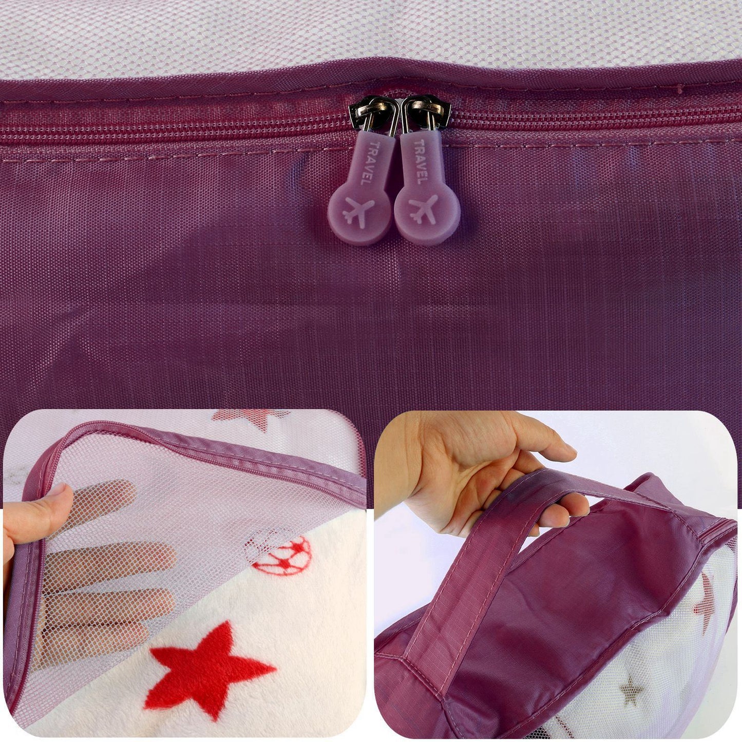Water-resistant packing cube close-up with burgundy zipper and mesh top section, dual pulls.