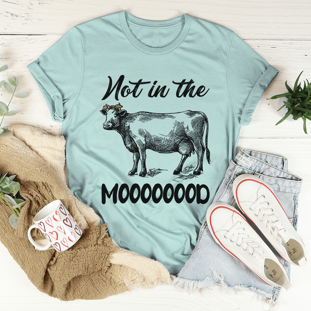 Heather prism dusty blue crewneck graphic T-shirt with cow and 'MOOO' text