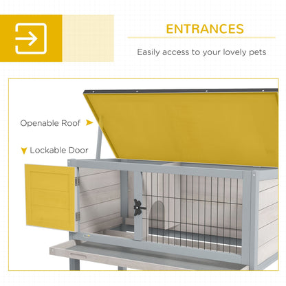 Elevated Rabbit Hutch, Wooden Bunny Cage with Hinged Asphalt Roof and Removable Tray, for Indoor/Outdoor, Gray