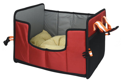 Folding travel pet bed, red and black with light green inner cushion