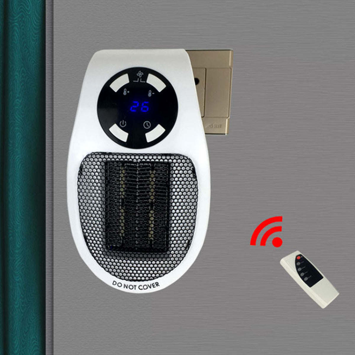 Wall heat blaster with thermostat dial and mesh heater face, white body