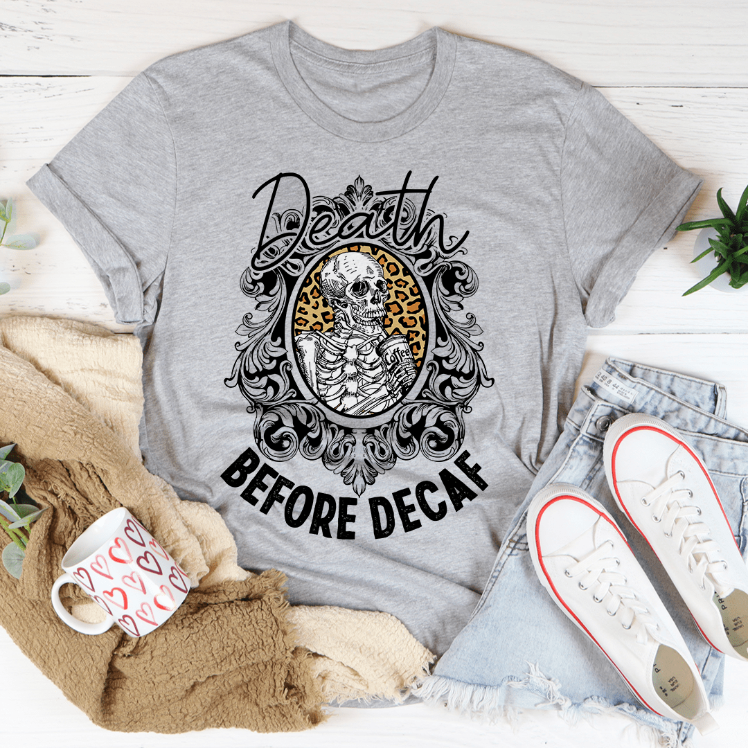 Heather gray graphic T-shirt with 'Death' ornate illustration and 'BEFORE DECAF' front print