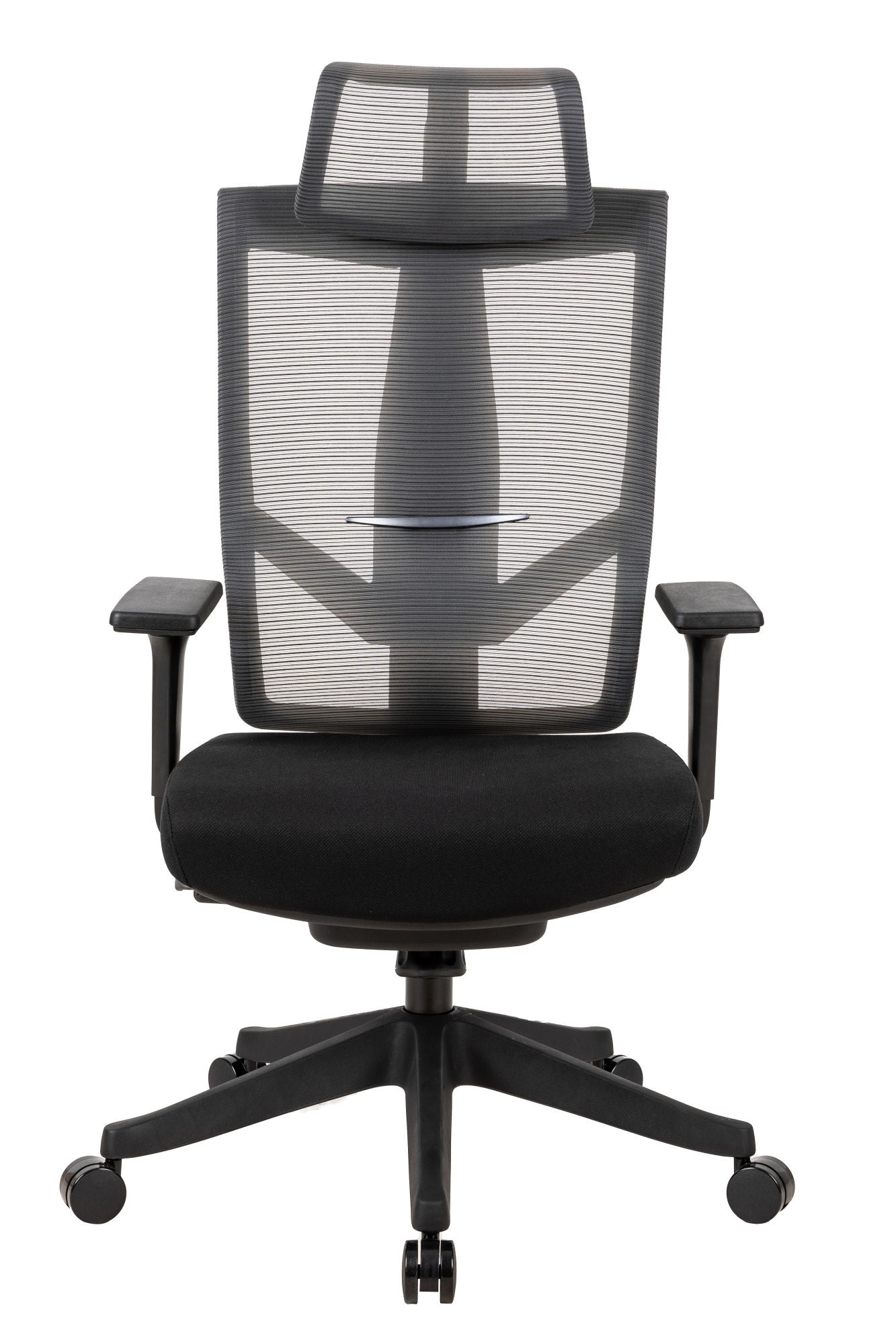 Black office chair with mesh back and headrest, padded seat, and armrests