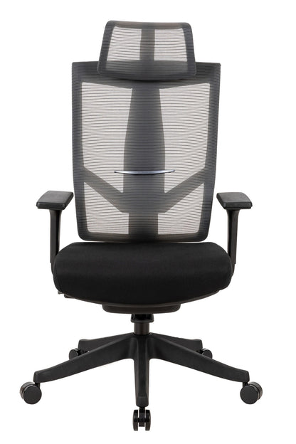 Black office chair with mesh back and headrest, padded seat, and armrests