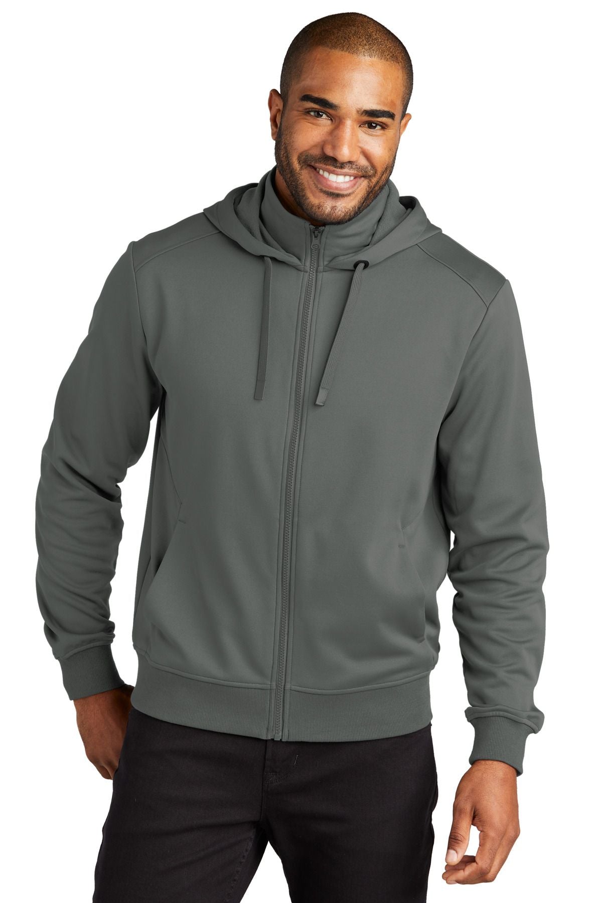 Hooded fleece zip jacket in Graphite, front zipper and drawstring hood