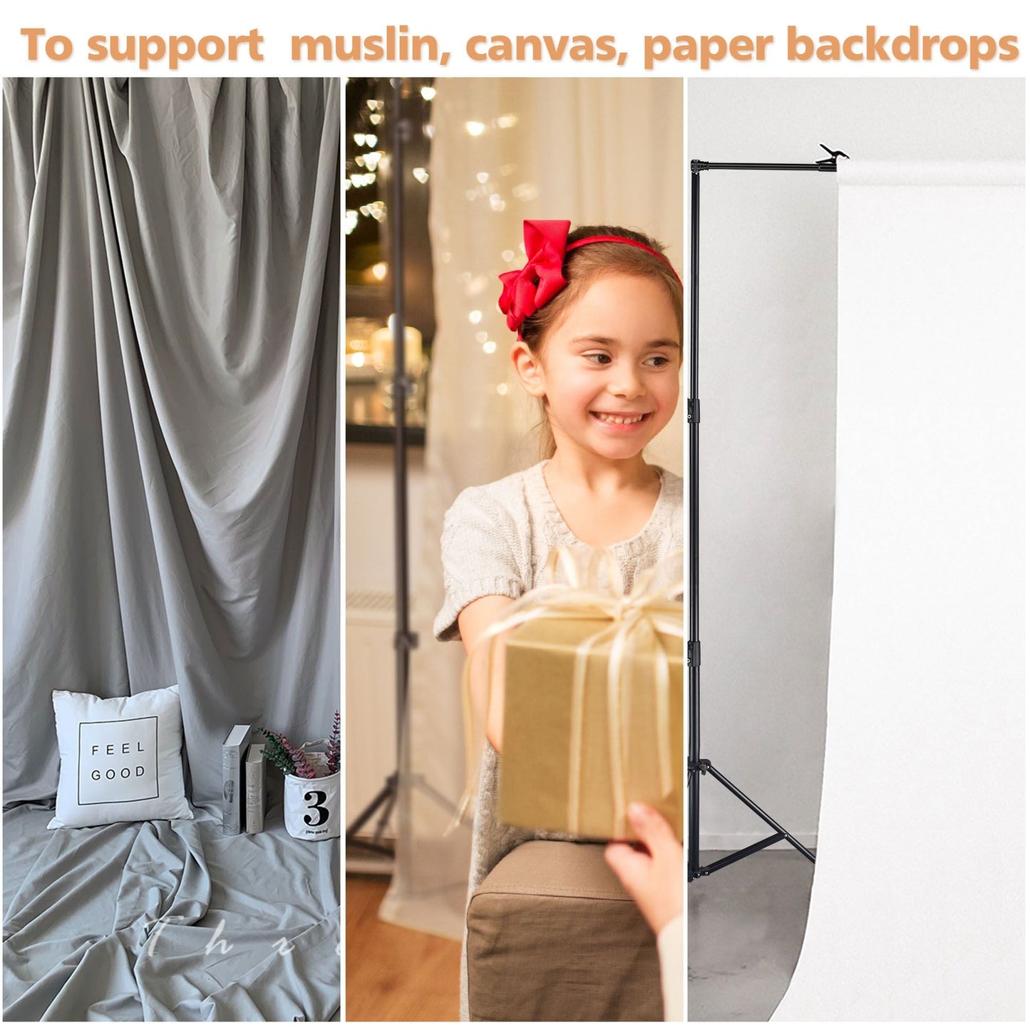 Photography background stand with two tripods holding a white backdrop panel.