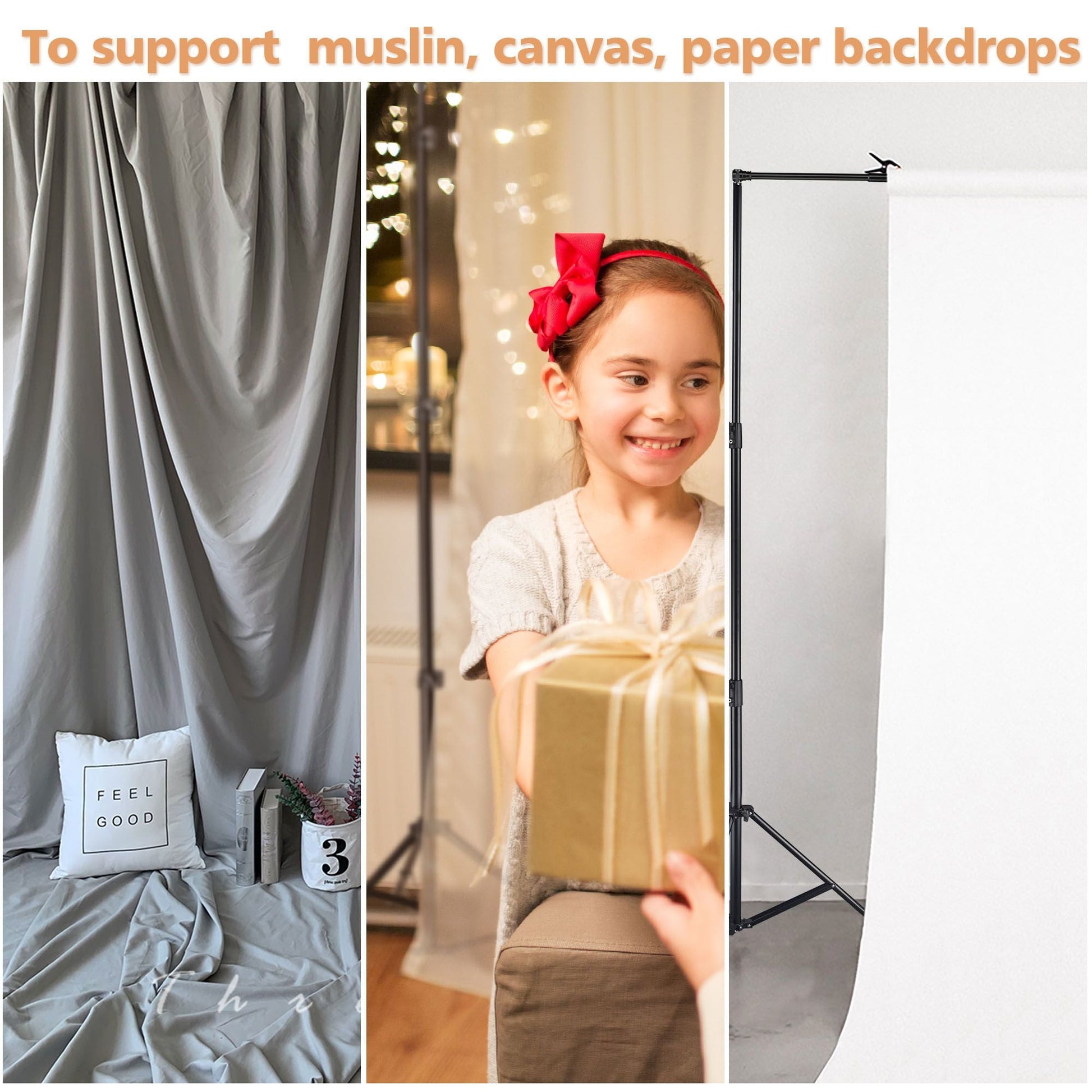 Photography background stand with two tripods holding a white backdrop panel.