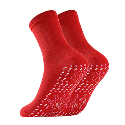 Winter self-heating health care socks, red with white dot grip pattern