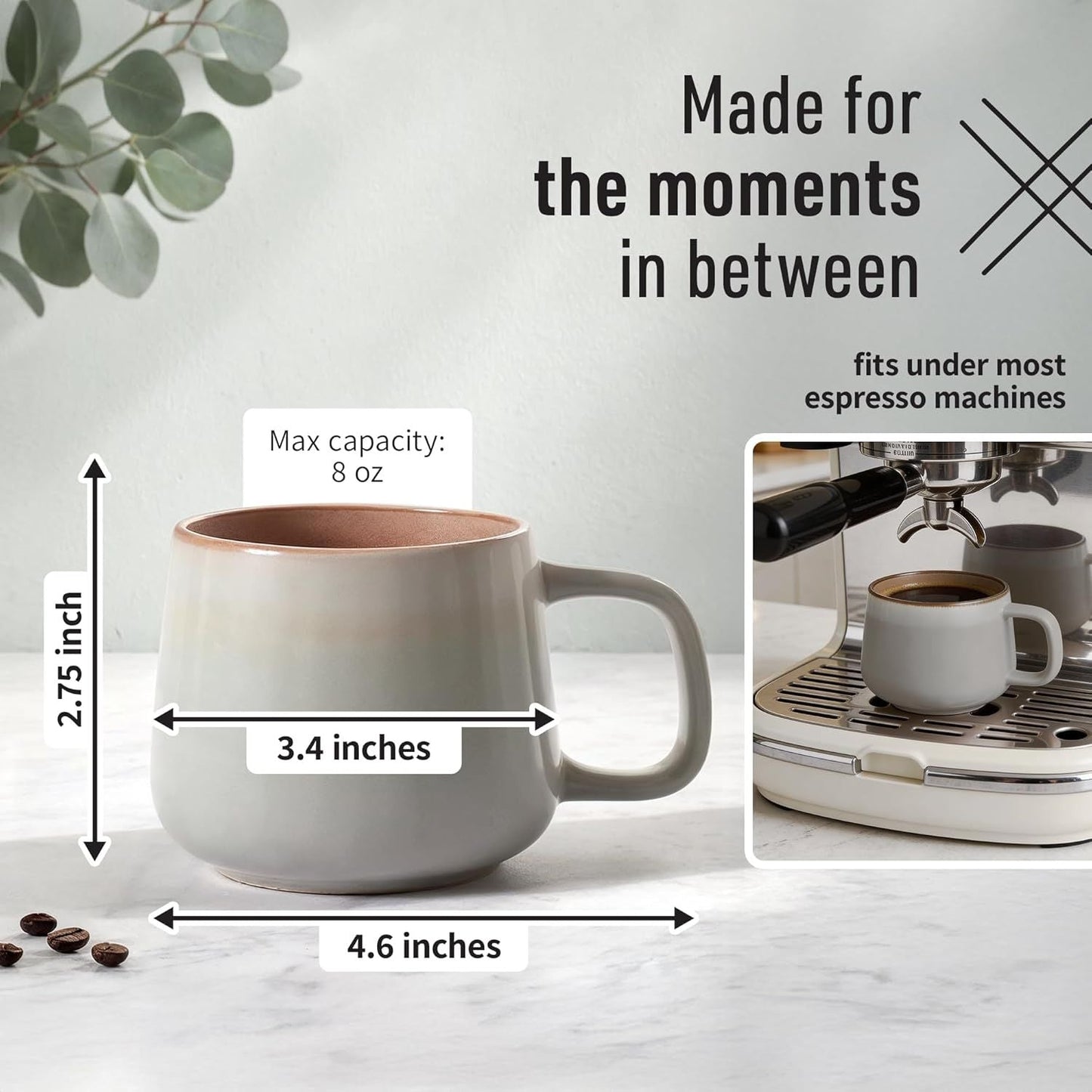 Small Ceramic Coffee Mugs Set of 4 | 8 oz Stoneware Coffee Cups | Lead-Free, Non-Toxic | Microwave & Dishwasher Safe | Comfortable Handle | Aesthetic Nordic Design for Cappuccino | Sage Ash