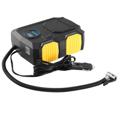 12V tire inflator pump with LCD control panel, yellow grips, and black power cable