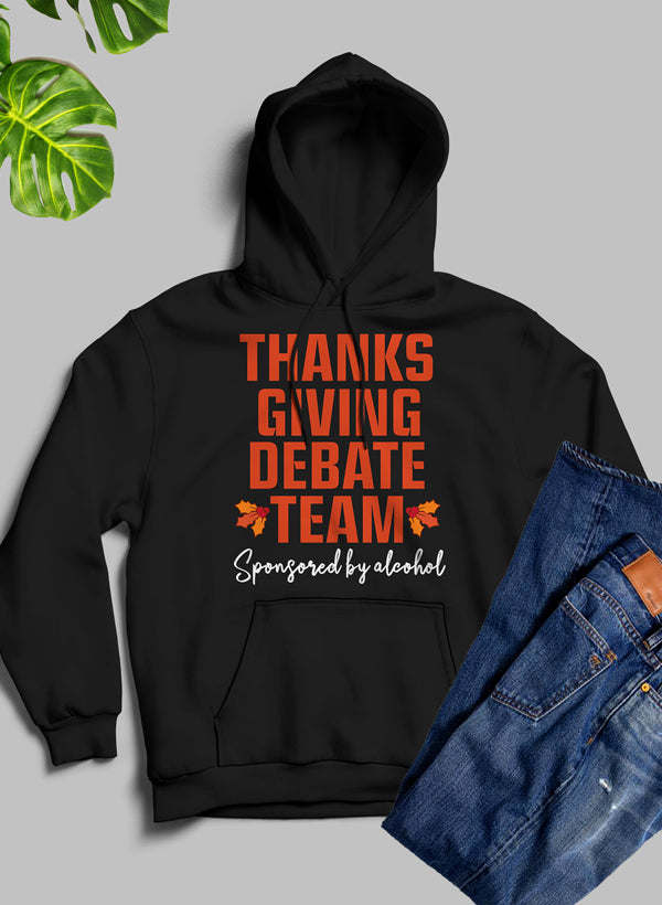 Black hoodie with 'Thanks Giving Debate Team' front graphic, hood, and kangaroo pocket.