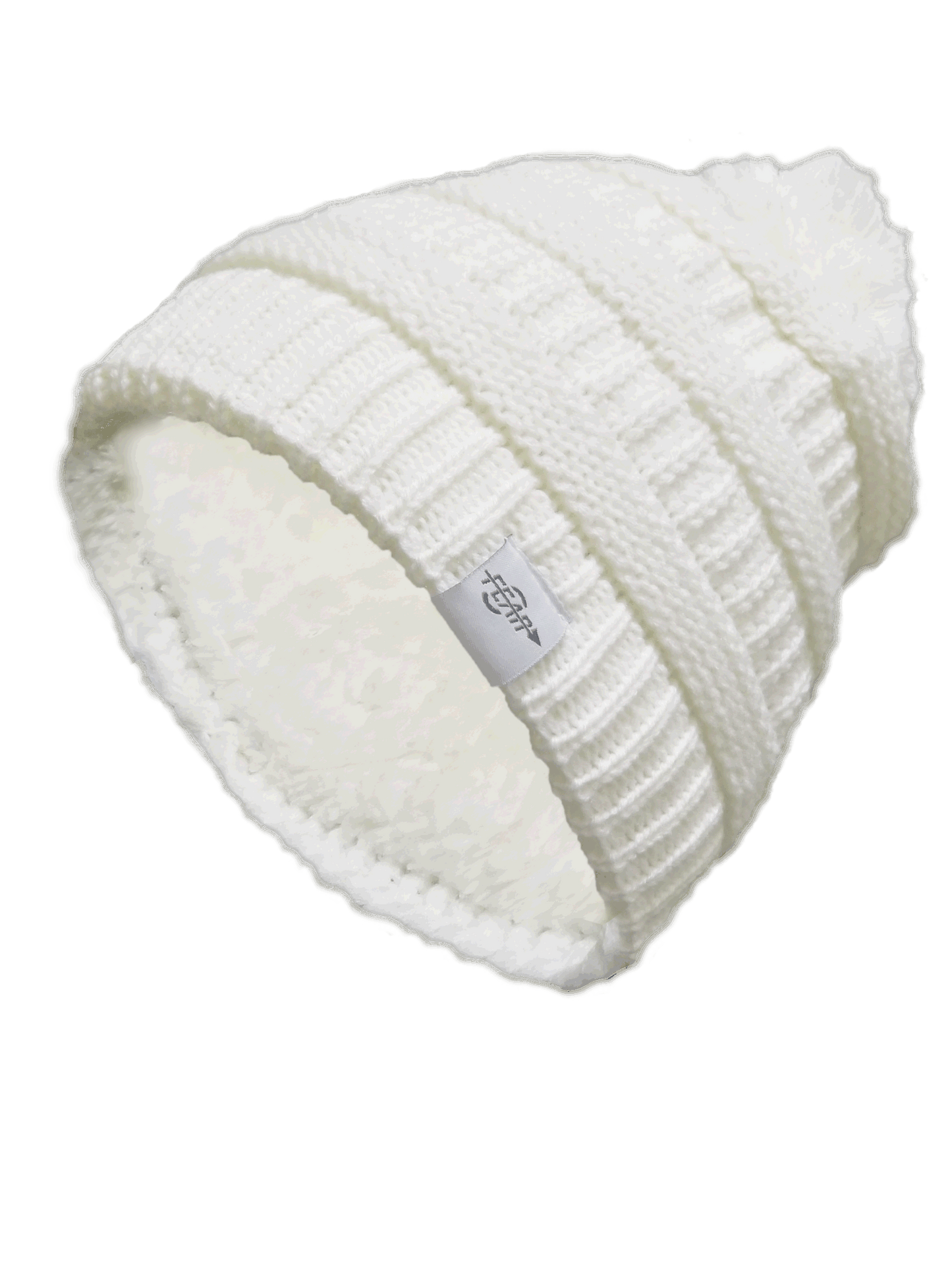 White cable knit beanie hat with ribbed brim and plush lining