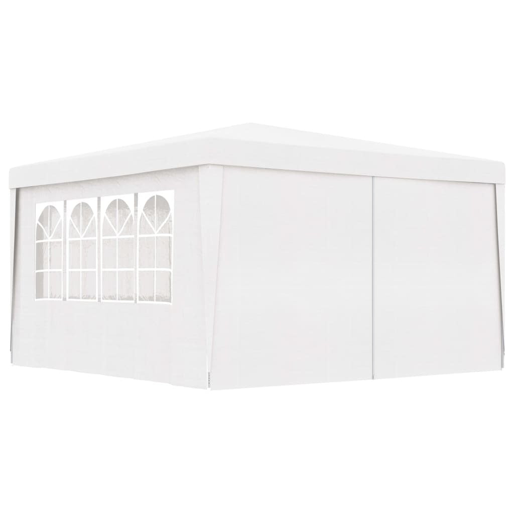 White party tent with side walls, window panels, and peaked roof