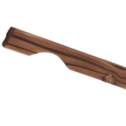 Wood wagon planter pot stand with wheels, side trough close-up in dark wood