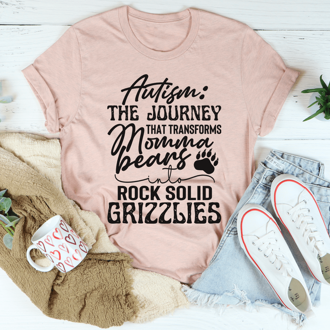 Mauve crew-neck T-shirt with 'Autism: The Journey' grizzlies graphic