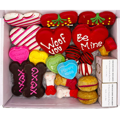 Valentine dog treat box tray with heart cookies in red, pink, blue, green.