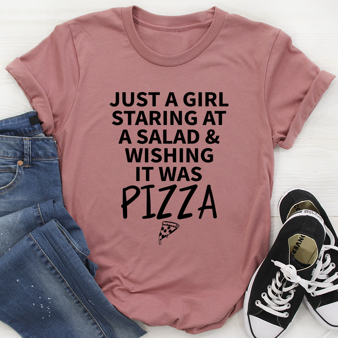 Mauve graphic T-shirt with crew neck, short sleeves, and pizza wish slogan print