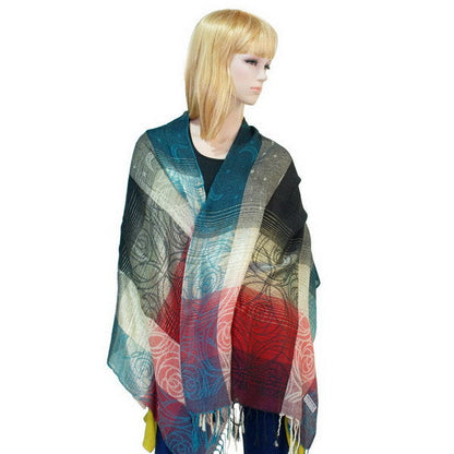 Blancho Bedding pashmina shawl with large multicolor block design and tassel fringe