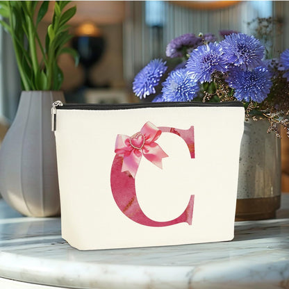 Personalized Initial Makeup Bag, Monogram Bow Travel Toiletry Make Up Bags Cute Preppy Cosmetic Bag Pouch Makeup Organizer Mothers Day Wedding Birthday Gifts for Women Nurse Sister Girls Pink C