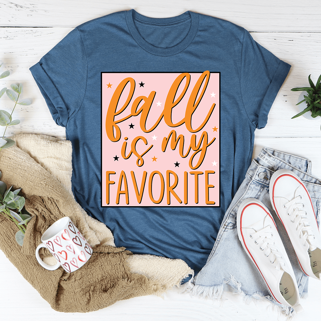 Blue T-shirt with 'Fall is my Favorite' autumn lettering graphic.