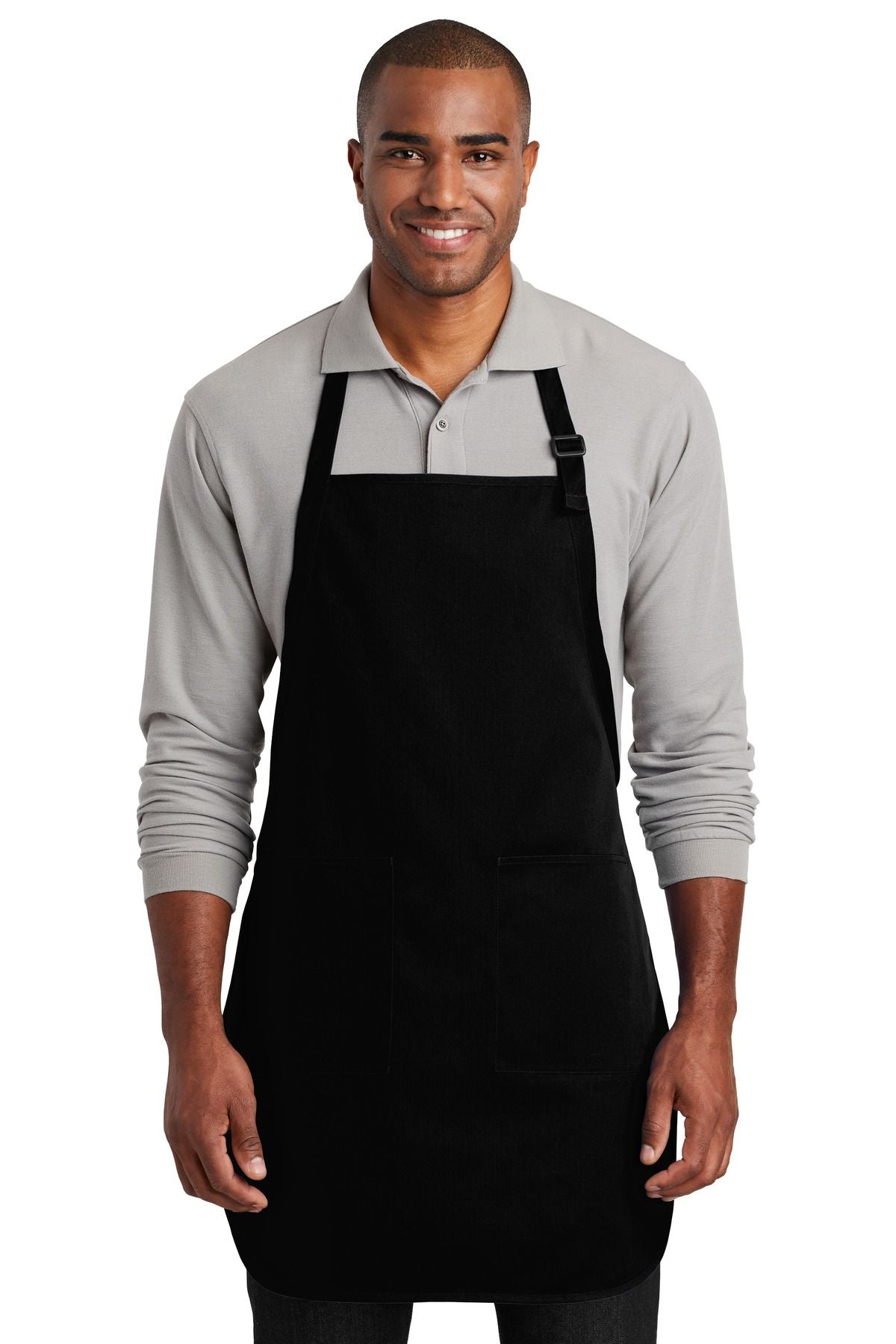 Full-length two-pocket bib apron, black, with neck strap and two front pockets.