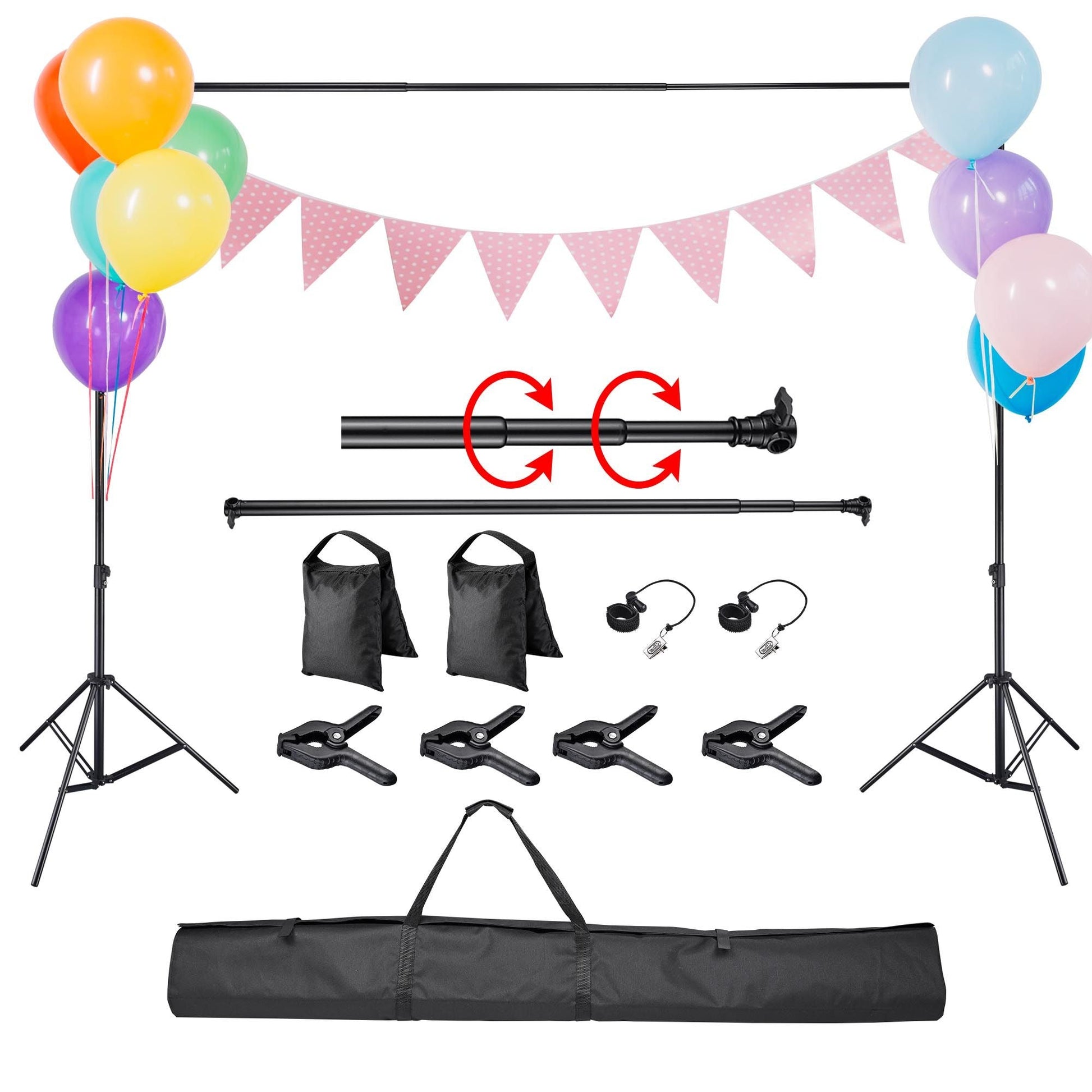 Photography background stand kit with two tripods, crossbars, clips, and carry bag.