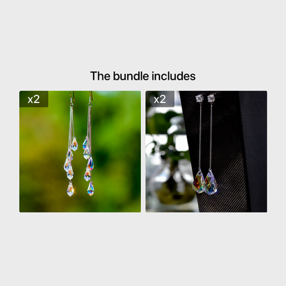 Pair of long teardrop zircon dangle earrings shown in two views with blue crystal drops