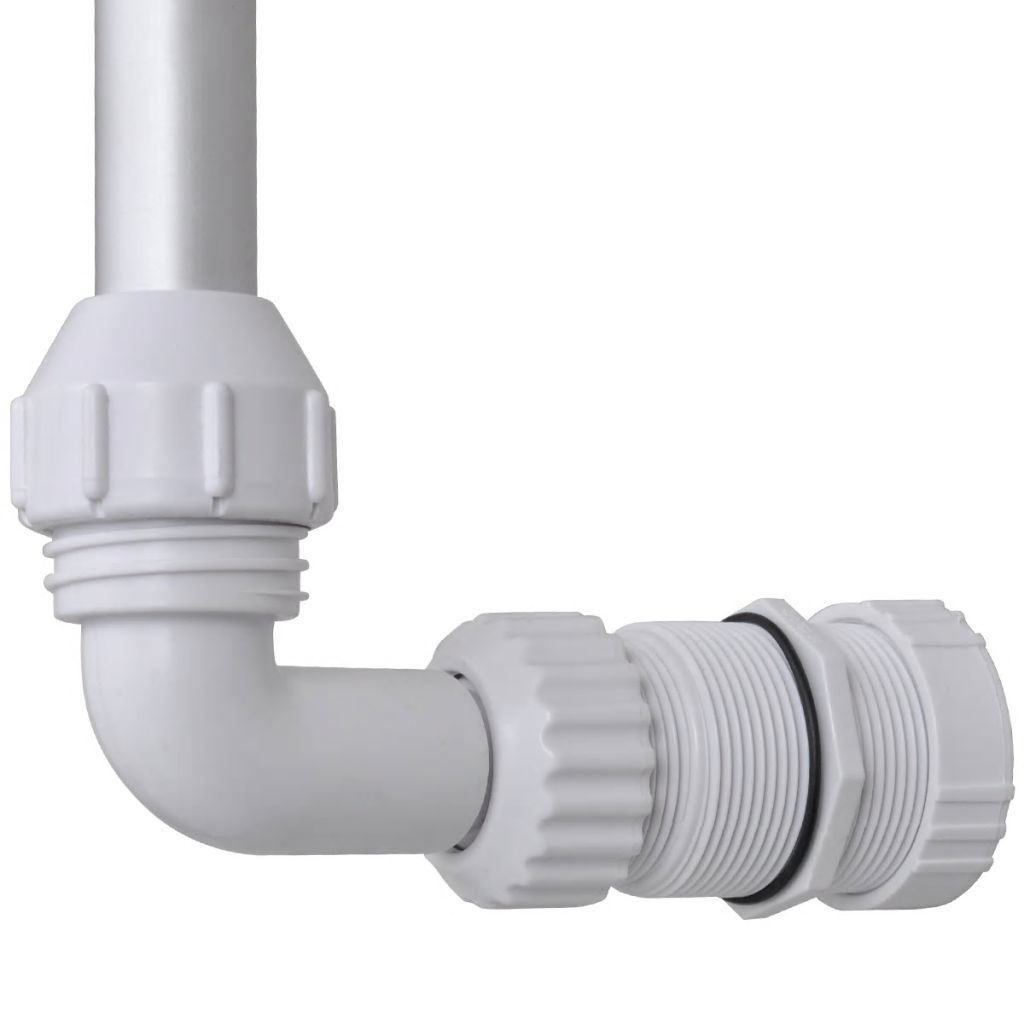 White pool fountain hose connector with elbow pipe and ribbed coupling