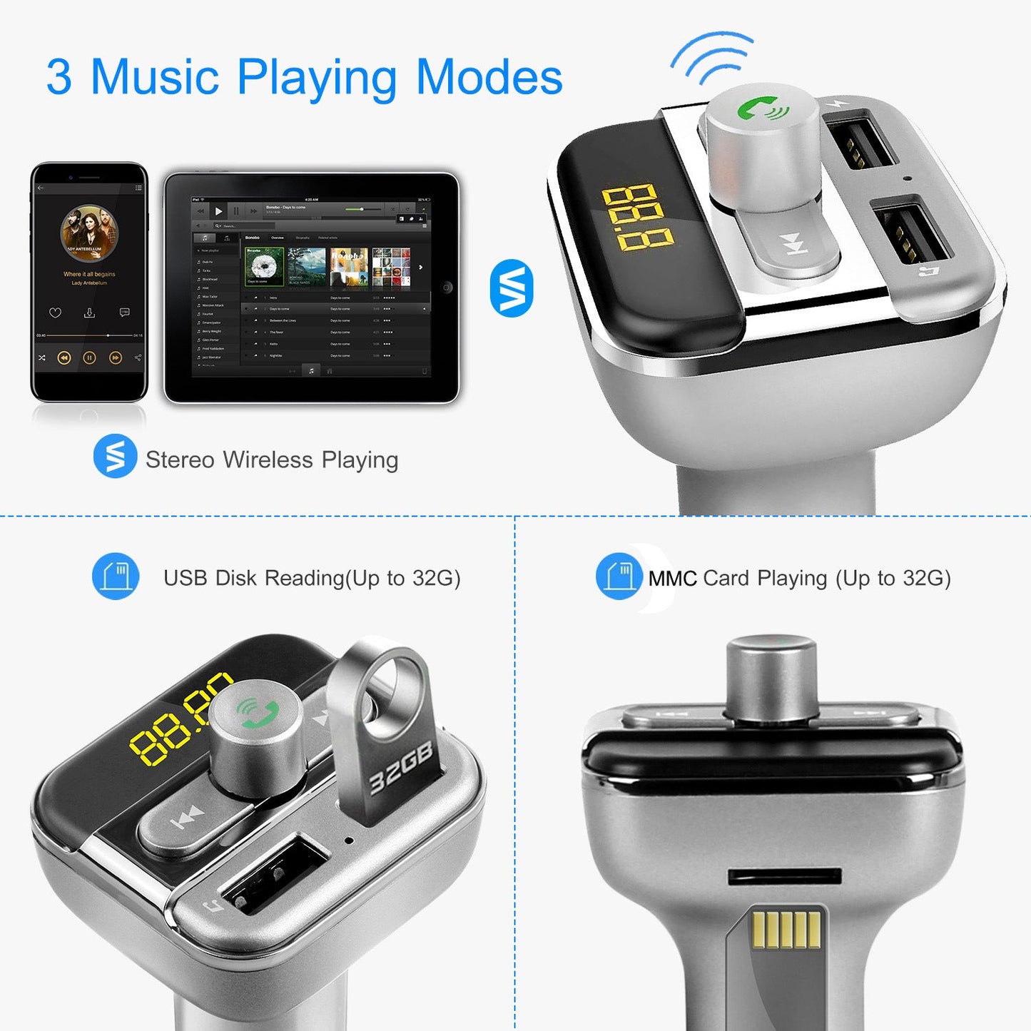 Car FM transmitter with control knob and dual USB slots, angled close-up view