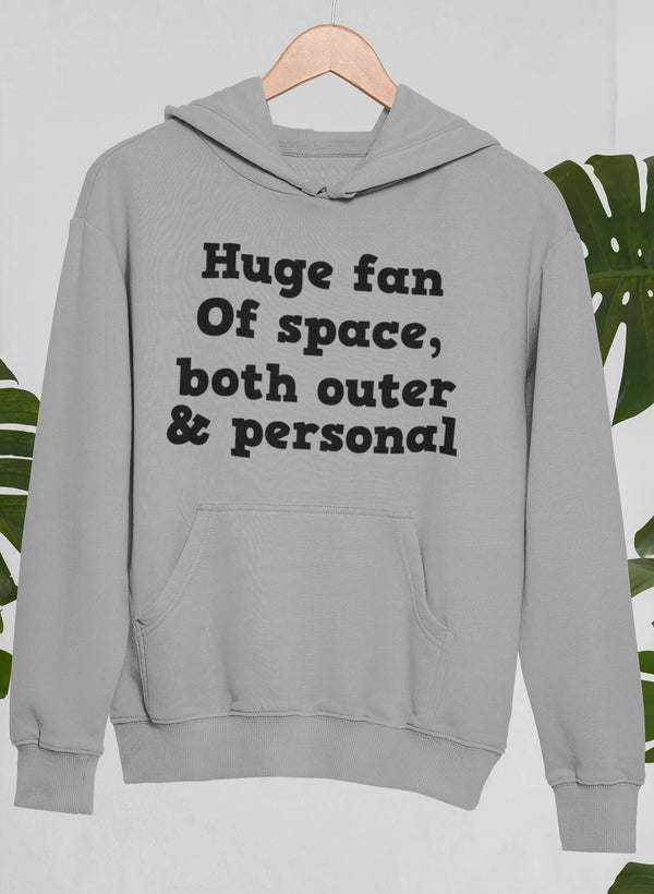 Heather gray pullover hoodie with hood, kangaroo pocket, long sleeves, front text graphic.