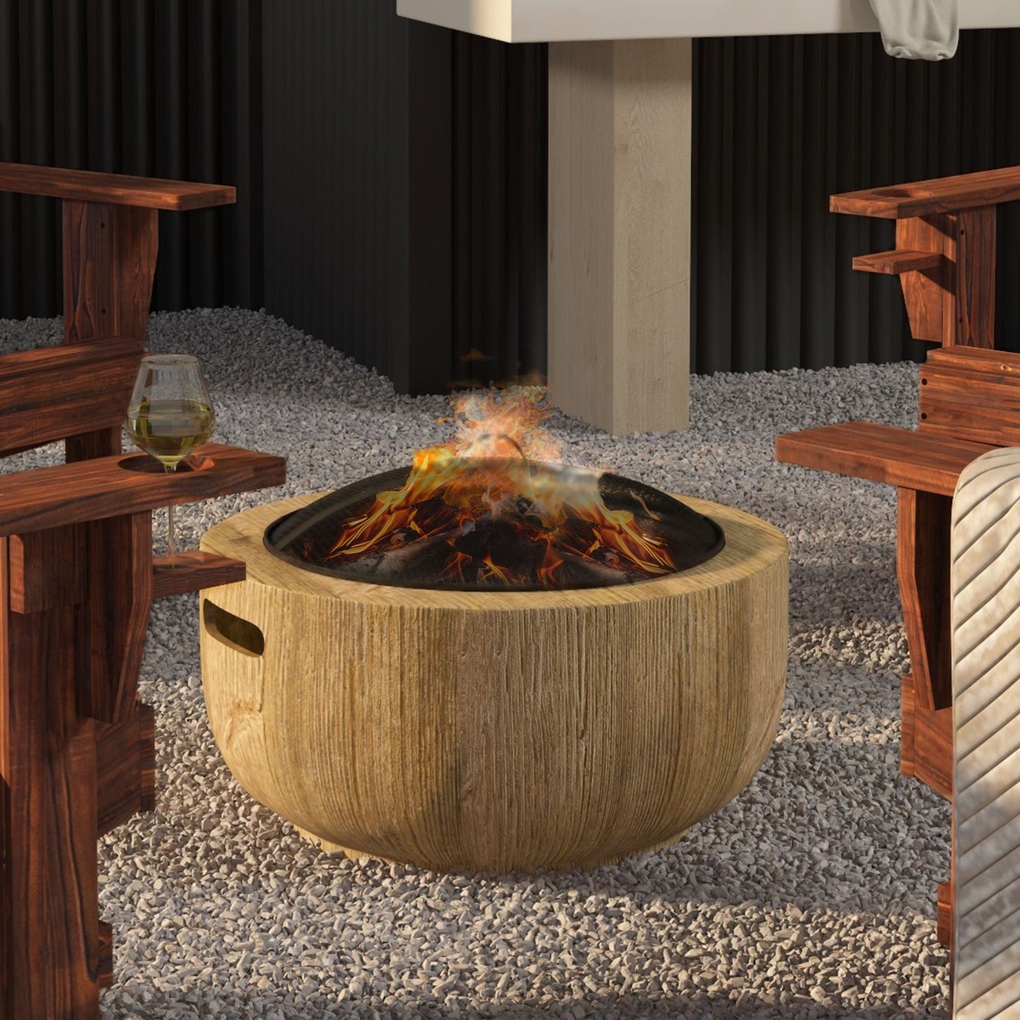 Outdoor Fire Pit, 24 Inch Metal Wood Burning Fireplace with Spark Cover, Poker, Woodgrain Design for Patio, Picnic, Backyard, Light Brown