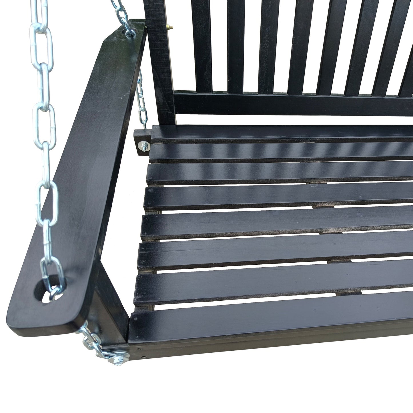 Black wood bench swing with slatted seat, armrests, and chain suspension.