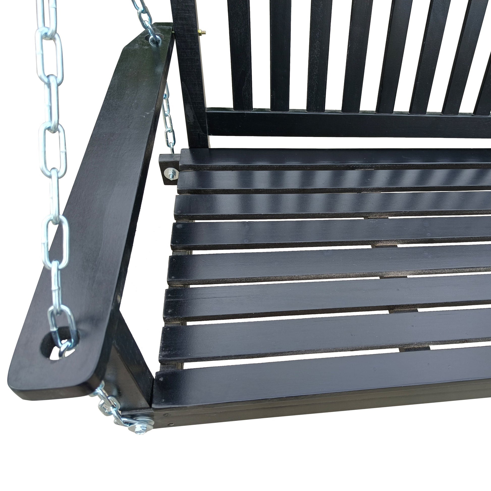 Black wood bench swing with slatted seat, armrests, and chain suspension.