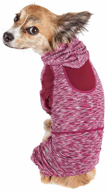 Maroon/pink heathered dog full-body hoodie with hood and curved front pocket