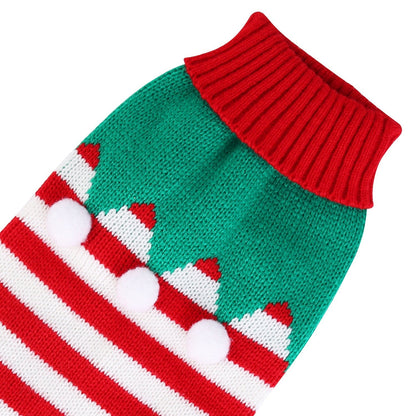 Green pet turtleneck sweater with red collar and red/white striped snowman design